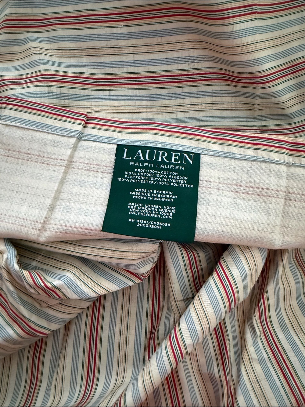 NWOT Lauren Ralph Lauren Tan Navy Red Classic Stripe Bedskirt QUEEN